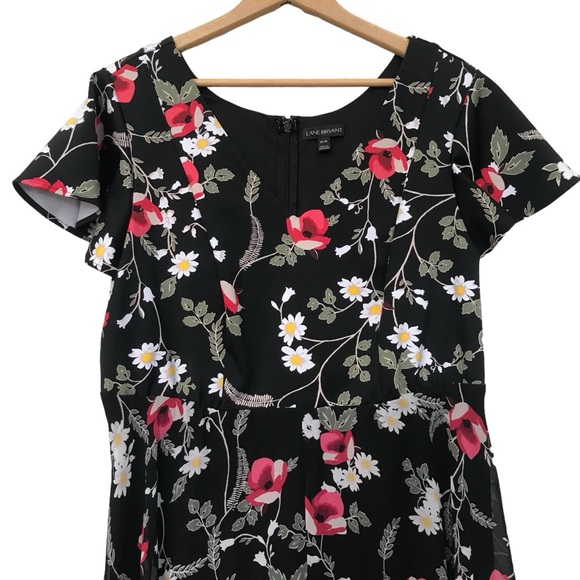 Lane Bryant 14 16 1X Black Pink Red Floral Midi Dress - Picture 4 of 6